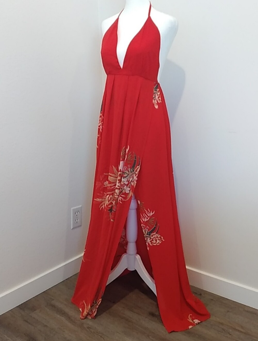 Red Halter Floral Maxi Dress Open Front Elegant Summer Style Festival Fairycore